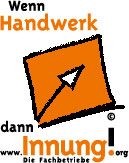 Wenn Handwerk dann Innung Logo der Innung mit einem orangefarbenen Quadrat und weißem Pfeil, Slogan oben.